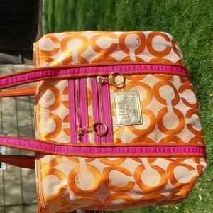 Coach Poppy Tote Bag with Zippers Bright Orange